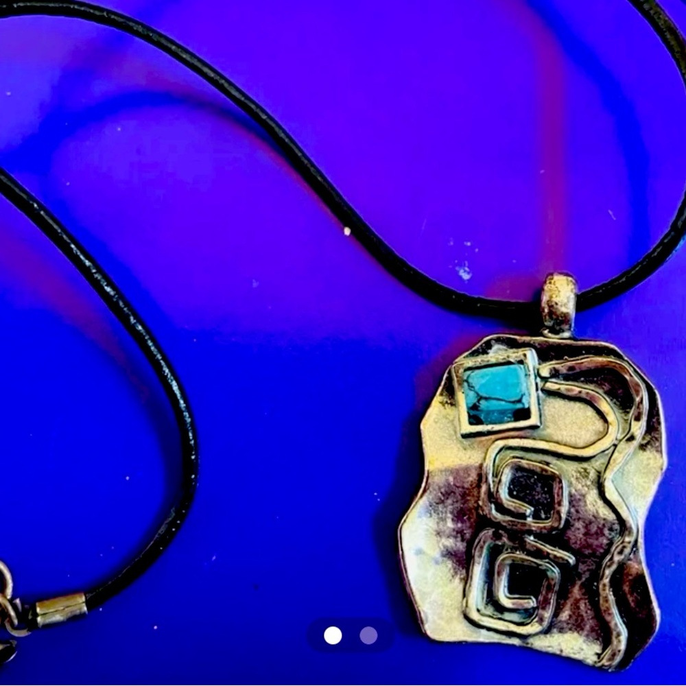 Pendant Necklace with Turquoise Accent-pewter-signed Avgad-leather cord